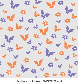 Orange and violet flowers and butterflies, pattern