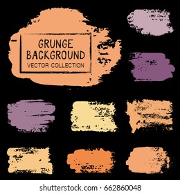 Orange and violet paint dabs, hand drawn brush stroke backgrounds set. Vintage design elements vector collection. Ink stains, gouache, watercolor or acrylic paint texture. Retro brushstroke splashes.