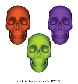 Orange Violet and Pistachio 3D Skulls on White. Low Poly Realistic Vector Illustration. Collection of Front View Skulls in Different colors. 