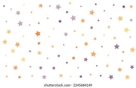 Orange and violet stars confetti on white background. Falling decoration confetti for celebration, banners, anniversary, festive. Stylish vector illustration.