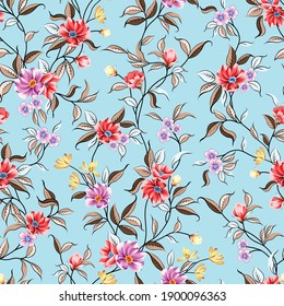 flores anaranjadas y violetas vectoriales con patrones de hojas marrones sobre fondo azul