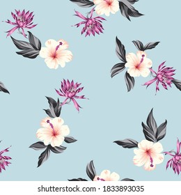 orange and violet vector flowers with grey leaves bunches pattern on blue background