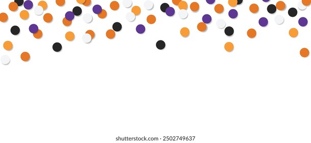 Orange, violet, white and black round shaped confetti isolated on background.Halloween autumn colors. Vector illustration, web banner. Fall birthday, new year, anniversary or garden party decoration.