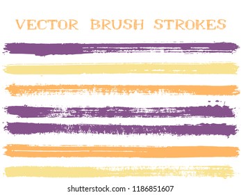 Orange violet yellow scribble ink brush strokes isolated design elements. Set of paint lines. Urban Ink brushe stripes isolated on white, vector colors guide book samples.