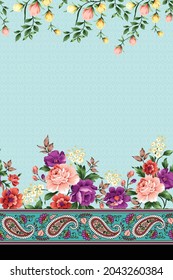 orange violet and yellow vector flowers with green leaves paisley border body pattern on negative blue background
