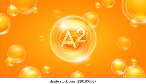 Orange vitamin A2 floating in the air. Vitamins minerals complex and collagen serum. For cosmetic banner or beauty skin care nutrition design. Essential supplement to the health body. 3D vector.