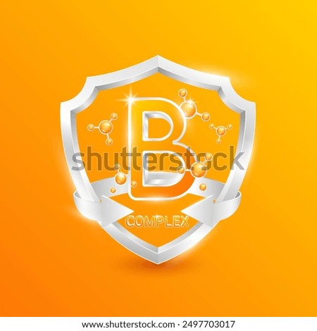 Orange vitamin B complex in silver shield with atom molecules surrounded by arrows. Nutrients necessary for building immunity and protect the body stay healthy. For nutrition products food. 3D Vector.