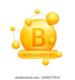 Orange vitamin B complex surrounded by molecule atoms on white background. Vitamins complex for design dietary supplement products. Medical science health care concept. 3D Vector EPS10.