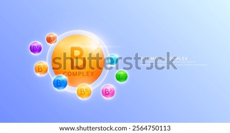 Orange vitamin B complex. Surrounded by ball vitamins varicolored. Used for design dietary supplement products. Medical health care immunity protection concept. Vector.