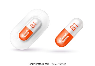 Orange vitamin B1 medicine capsule. Dietary supplement health neutralize free radicals. With chemical formula. Anti aging beauty enhancement concept and health care medical. 3D vector EPS10.