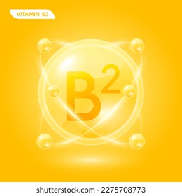 Solución de vitamina B2 naranja. Sustancia para cosméticos de belleza con fórmula química de la naturaleza. Cuidados de la piel de colágeno y ácido hialurónico. Concepto científico médico. Vector Realista 3D.