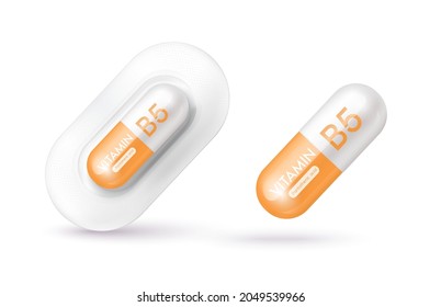 Orange vitamin B5 medicine capsule. Dietary supplement health neutralize free radicals. With chemical formula. Anti aging beauty enhancement concept and health care medical. 3D vector EPS10.