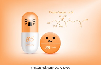 Orange vitamin B5  (Pantothenic Acid) capsule cute cartoon character and structure. Pill capsules complex shaped mascot for pharmacy children's clinic. Healthcare and medicine skin care concept.