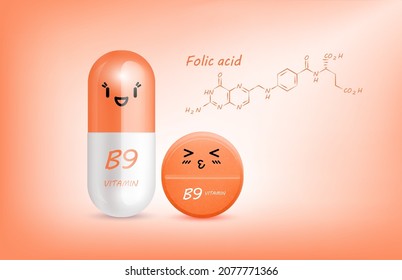 Orange vitamin B9  (Folic Acid) capsule cute cartoon character and structure. Pill capsules complex shaped mascot for pharmacy children's clinic. Healthcare and medicine skin care concept. 3D vector.