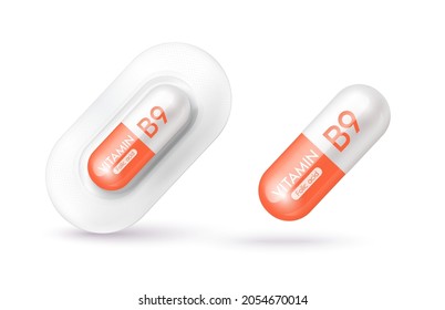 Orange vitamin B9 medicine capsule. Dietary supplement health neutralize free radicals. With chemical formula. Anti aging beauty enhancement concept and health care medical. 3D vector EPS10.