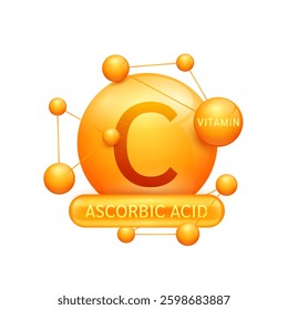 Orange vitamin C or Ascorbic Acid surrounded by molecule atoms on white background. Vitamins complex for design dietary supplement products. Medical science health care concept. 3D Vector EPS10.