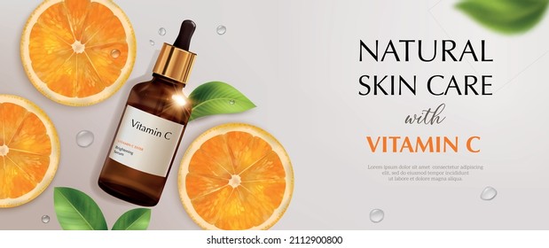 Orange vitamin c brightening serum realistic horizontal ads poster with cosmetic product for natural skin care glass bottle and citrus slices vector illustration