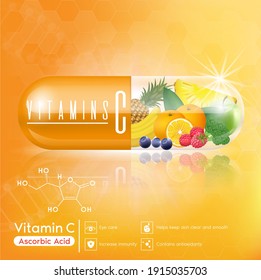 Cápsulas de vitamina C naranja, frutas y verduras que nutren la vista, huesos Neutralizan los radicales libres. Complemento de salud femenino frente a la plantilla de pancarta de cosméticos de belleza antiedad. EPS vectorial 3D10