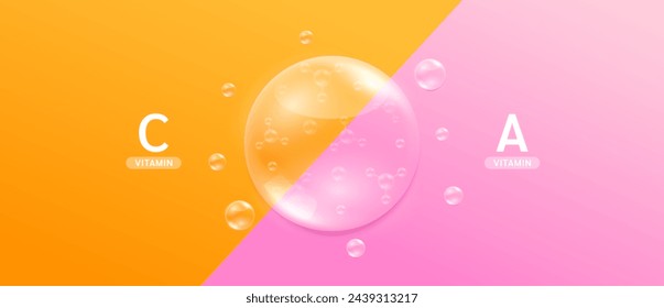 Orange vitamin C droplet and pink vitamin A solution. Supplements you should take in pairs for good health. Minerals nourish the body. Medical scientific concepts. Banner vector.