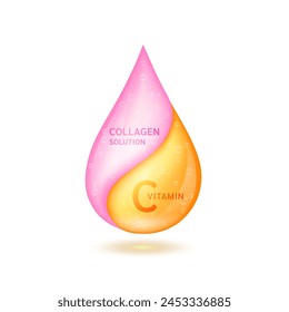 Orange vitamin C droplet and pink collagen solution isolated on white background. Vitamins complex minerals supplements should take in pairs. Medical scientific concepts. 3D Vector.