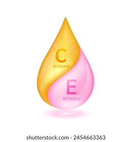 Orange vitamin C droplet and pink vitamin E solution isolated on white background. Vitamins complex minerals supplements should take in pairs. Medical scientific concepts. 3D Vector.