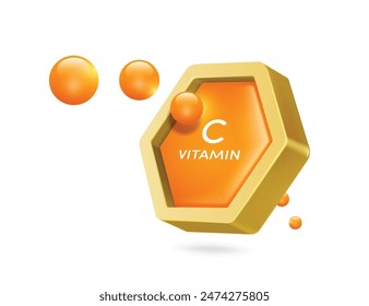 Orange vitamin C floats in mid-air, emerging from a golden hexagonal frame, Vitamin C for health supplement advertising design, vector 3d isolated on white background for banner design