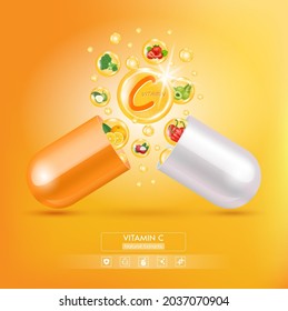  Orange vitamin C medicine capsule. Fruits and vegetables that neutralize free radicals. With chemical formula. Anti aging beauty enhancement concept and health care. 3D vector EPS10.