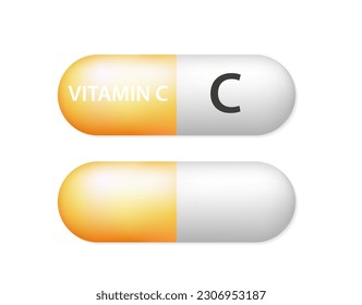 Orange vitamin C medicine capsule. Dietary supplement health neutralize free radicals. With chemical formula. Anti aging beauty enhancement concept and health care medical. Vector illustration