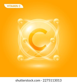 Orange vitamin C solution. Substance for beauty cosmetic with chemical formula from nature. Collagen serum and hyaluronic acid skincare. Medical scientific concept. 3D Realistic Vector.