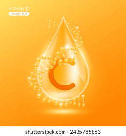 Orange vitamin C surrounded by DNA. Water drop serum collagen solution moisturizer hyaluronic acid vitamins complex from nature essential skin care. For ads cosmetics cream lotion. Vector EPS10.