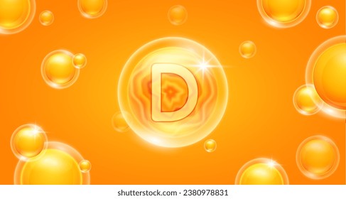 Vitamina D anaranjada flotando en el aire. Complejo de minerales de vitaminas y suero de colágeno. Para el diseño nutricional de banner cosmético o cuidado de la piel de belleza. Complemento esencial del cuerpo de salud. vector 3D.