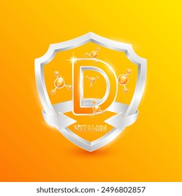 Orange vitamin D in silver shield with atom molecules surrounded by arrows. Nutrients necessary for building immunity and protect the body stay healthy. For nutrition products food. 3D Vector.