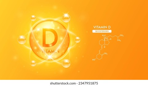 Orange vitamin D structure chemical formula. Collagen serum and vitamins complex bubble for cosmetics design. Beauty treatment nutrition skincare. Medical science concepts. 3D Vector.