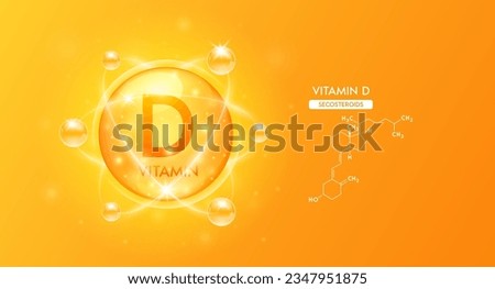 Orange vitamin D structure chemical formula. Collagen serum and vitamins complex bubble for cosmetics design. Beauty treatment nutrition skincare. Medical science concepts. 3D Vector.
