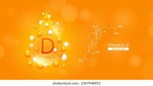 Orange vitamin D water drop and chemical structure surround with collagen hyaluronic acid moisturizer. Vitamins complex mockup for skin care cosmetics design. Beauty treatment nutrition. 3D Vector.