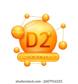 Orange vitamin D2 or Ergocalciferol surrounded by molecule atoms on white background. Vitamins complex for design dietary supplement products. Medical science health care concept. 3D Vector EPS10.