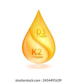 Orange vitamin D3 droplet and vitamin K2 solution isolated on white background. Vitamins complex minerals supplements should take in pairs. Medical scientific concepts. 3D Vector.