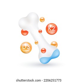 Orange vitamin D3 K2 and Bone healthy fall to the ground. Cartilage model isolated on white background. Vitamins minerals care knee joint. Medical concept. Realistic 3D vector.