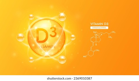 Orange vitamin D3 structure chemical formula. Collagen serum and vitamins complex bubble for cosmetics design. Beauty treatment nutrition skincare. Medical science concepts. 3D Vector.