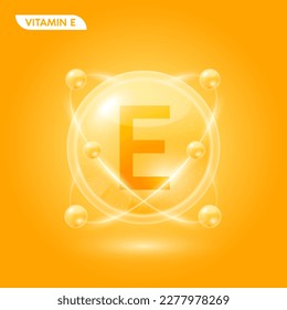 Orange vitamin E solution. Substance for beauty cosmetic with chemical formula from nature. Collagen serum and hyaluronic acid skincare. Medical scientific concept. 3D Realistic Vector.