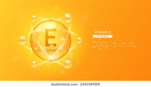 Orange vitamin E structure chemical formula. Collagen serum and vitamins complex bubble for cosmetics design. Beauty treatment nutrition skincare. Medical science concepts. 3D Vector.