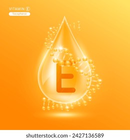 Orange vitamin E surrounded by DNA. Water drop serum collagen solution moisturizer hyaluronic acid vitamins complex from nature essential skin care. For ads cosmetics cream lotion. Vector EPS10.