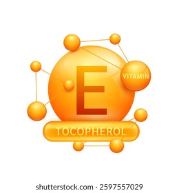 Orange vitamin E or Tocopherol surrounded by molecule atoms on white background. Vitamins complex for design dietary supplement products. Medical science health care concept. 3D Vector EPS10.