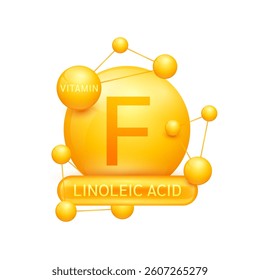 Orange vitamin F or Linoleic Acid surrounded by molecule atoms on white background. Vitamins complex for design dietary supplement products. Medical science health care concept. 3D Vector EPS10.
