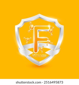 Orange vitamin F in silver shield with atom molecules surrounded by arrows. Nutrients necessary for building immunity and protect the body stay healthy. For nutrition products food. 3D Vector.