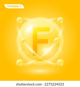 Orangefarbene Vitamin-F-Lösung. Stoff für Schönheitsobjekte mit chemischer Formel aus der Natur. Kollagenserum und Hyaluronsäure-Hautpflege. Medizinisches wissenschaftliches Konzept. 3D-Realistischer Vektorgrafik.
