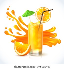 Orange vitamin juice in glass with straw and cocktail umbrella emblem vector illustration