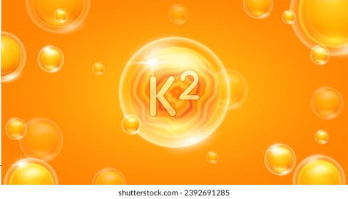 Vitamina naranja K2 flotando en el aire. Complejo de minerales de vitaminas y suero de colágeno. Para el diseño nutricional de banner cosmético o cuidado de la piel de belleza. Complemento esencial del cuerpo de salud. vector 3D.