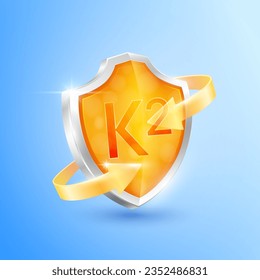 Orange vitamin K2 shield and clear glass arrows. Symbol protection boost immunity the body stay healthy. For advertising nutrition products food. Medical health concepts. Icon 3D vector illustration.