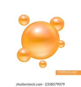 Orange vitamin pill capsule round icon. Serum collagen essence vitamins complex for beauty treatment nutrition skin care cosmetics design. Ball bubble drop isolated on white background. 3d vector.